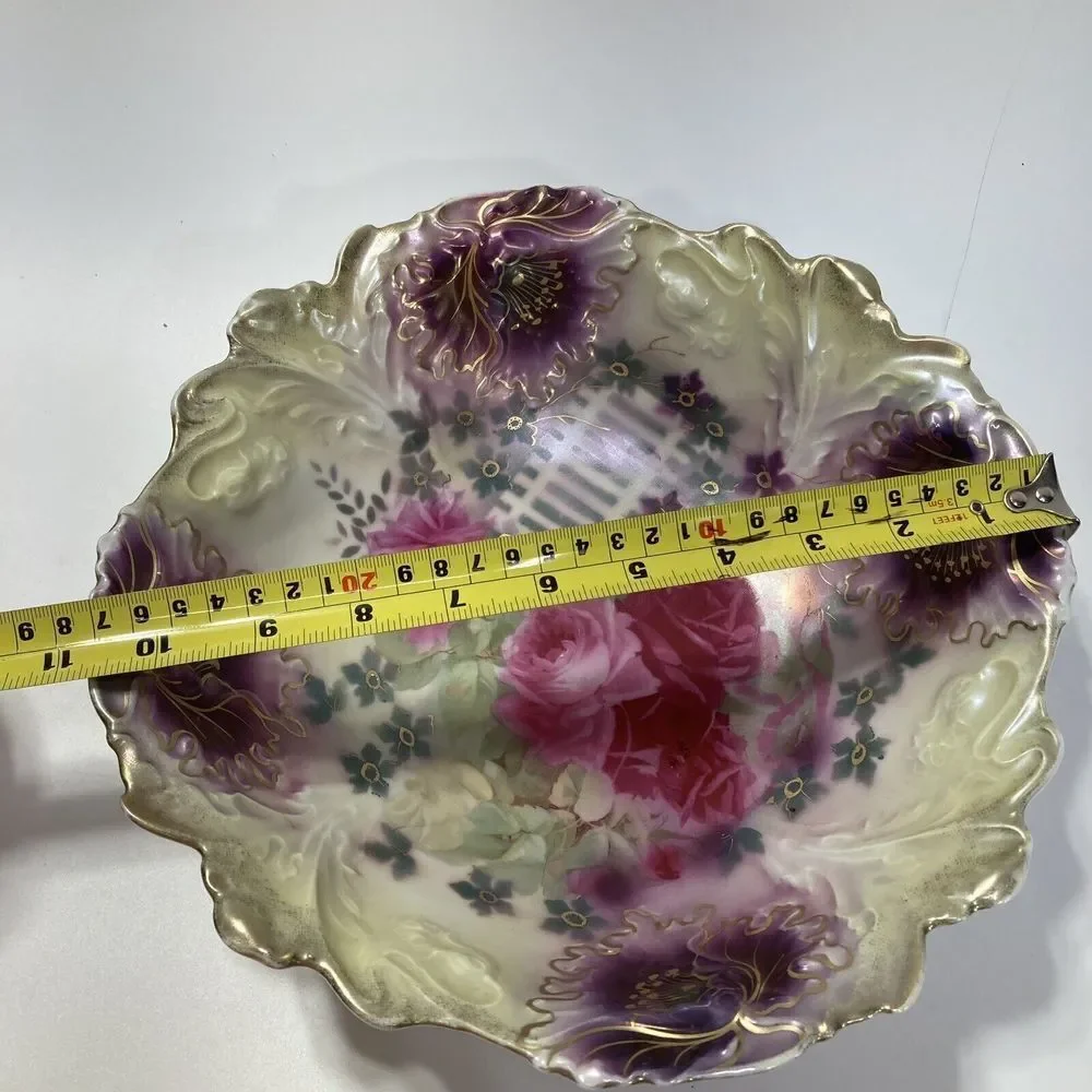 Antique‎ 10.5” Bowl A F S P Roses Scalloped Center Bowl Gold Pink Green Purple